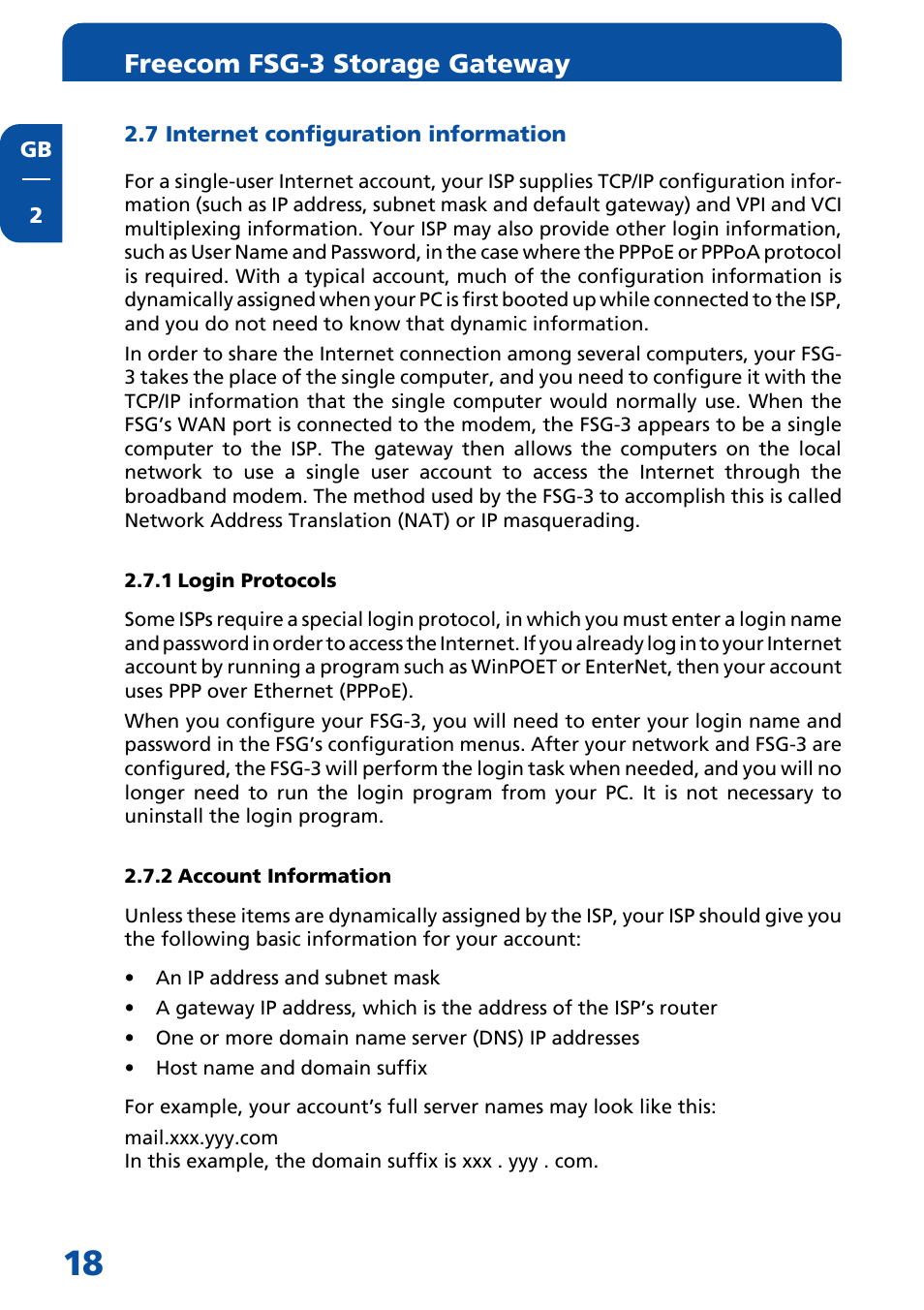 7 internet configuration information, 1 login protocols, 2 account information | Freecom fsg-3 storage gateway | Freecom Technologies FSG-3 User Manual | Page 18 / 84