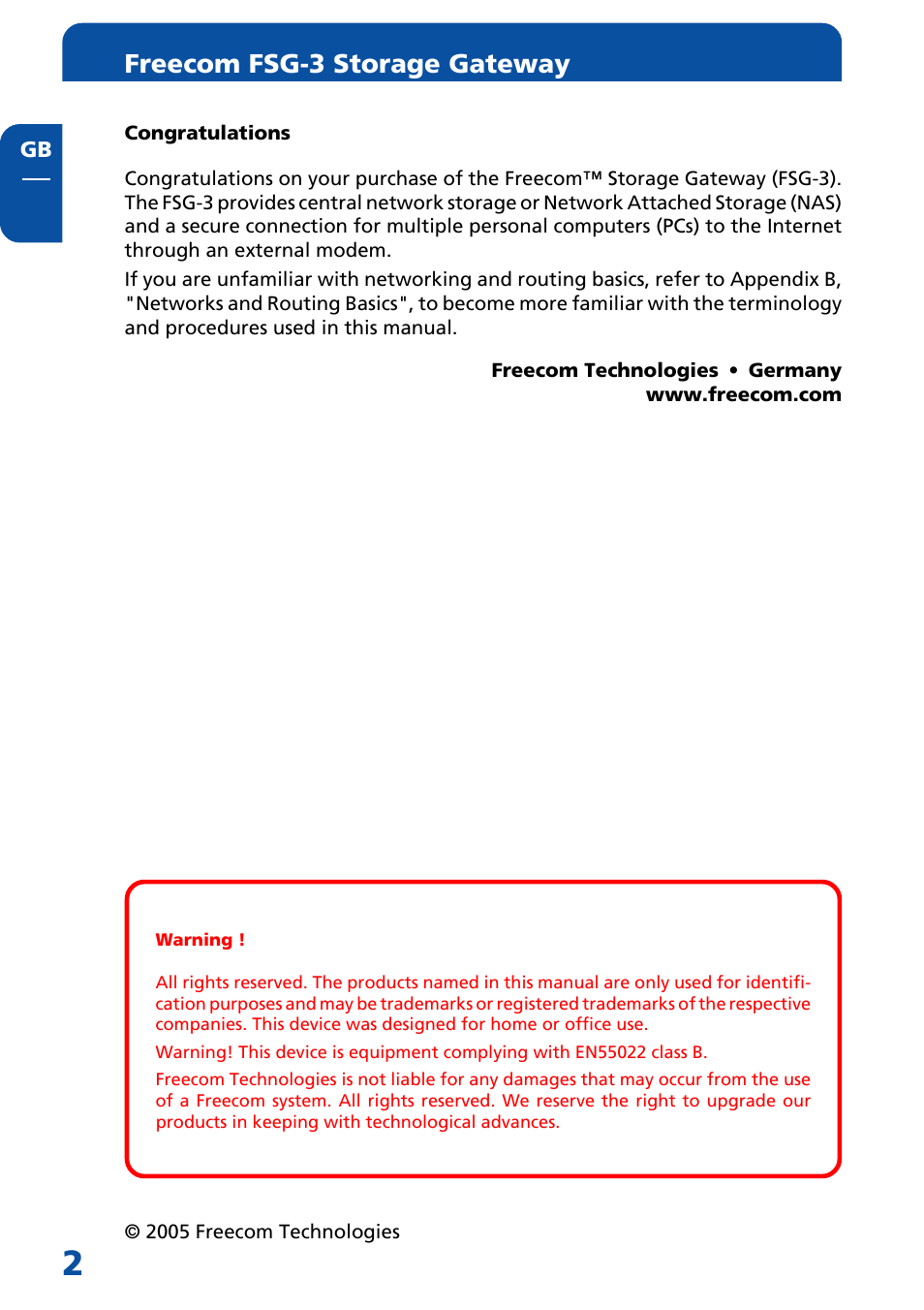 Congratulations, Freecom fsg-3 storage gateway | Freecom Technologies FSG-3 User Manual | Page 2 / 84