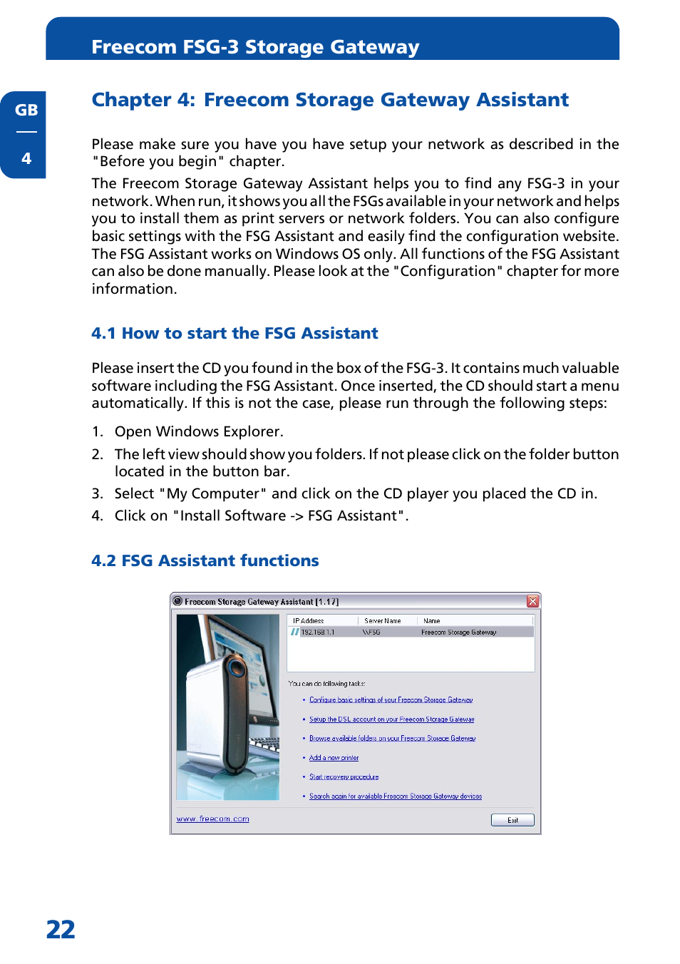 Chapter 4: freecom storage gateway assistant, 1 how to start the fsg-3 assistant, 2 fsg-3 assistant functions | Freecom fsg-3 storage gateway | Freecom Technologies FSG-3 User Manual | Page 22 / 84