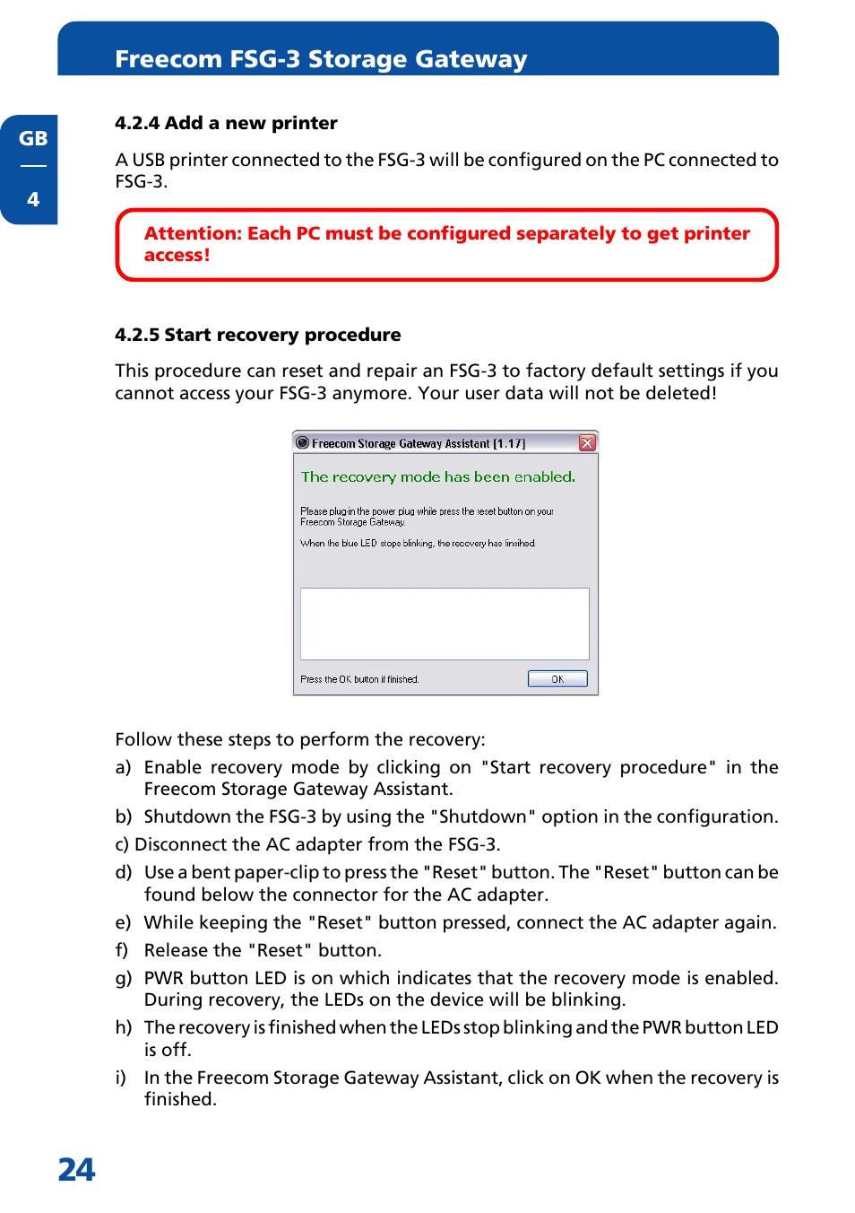 4 add a new printer, 5 start recovery procedure, Freecom fsg-3 storage gateway | Freecom Technologies FSG-3 User Manual | Page 24 / 84