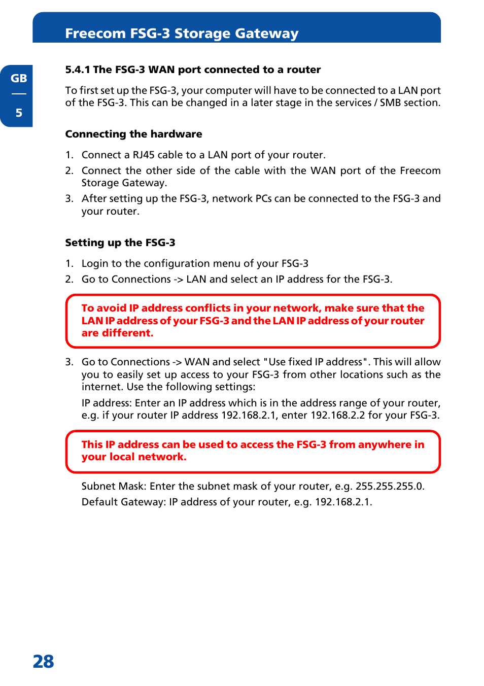 1 the fsg-3 wan port connected to a router, Connecting the hardware, Setting up the fsg-3 | Freecom fsg-3 storage gateway | Freecom Technologies FSG-3 User Manual | Page 28 / 84