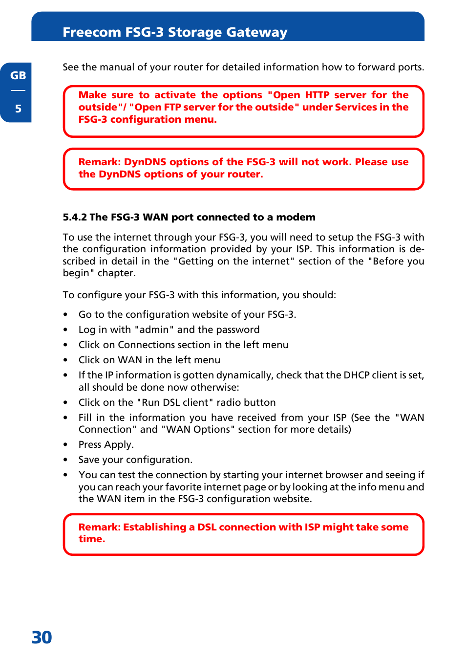 2 the fsg-3 wan port connected to a modem, Freecom fsg-3 storage gateway | Freecom Technologies FSG-3 User Manual | Page 30 / 84