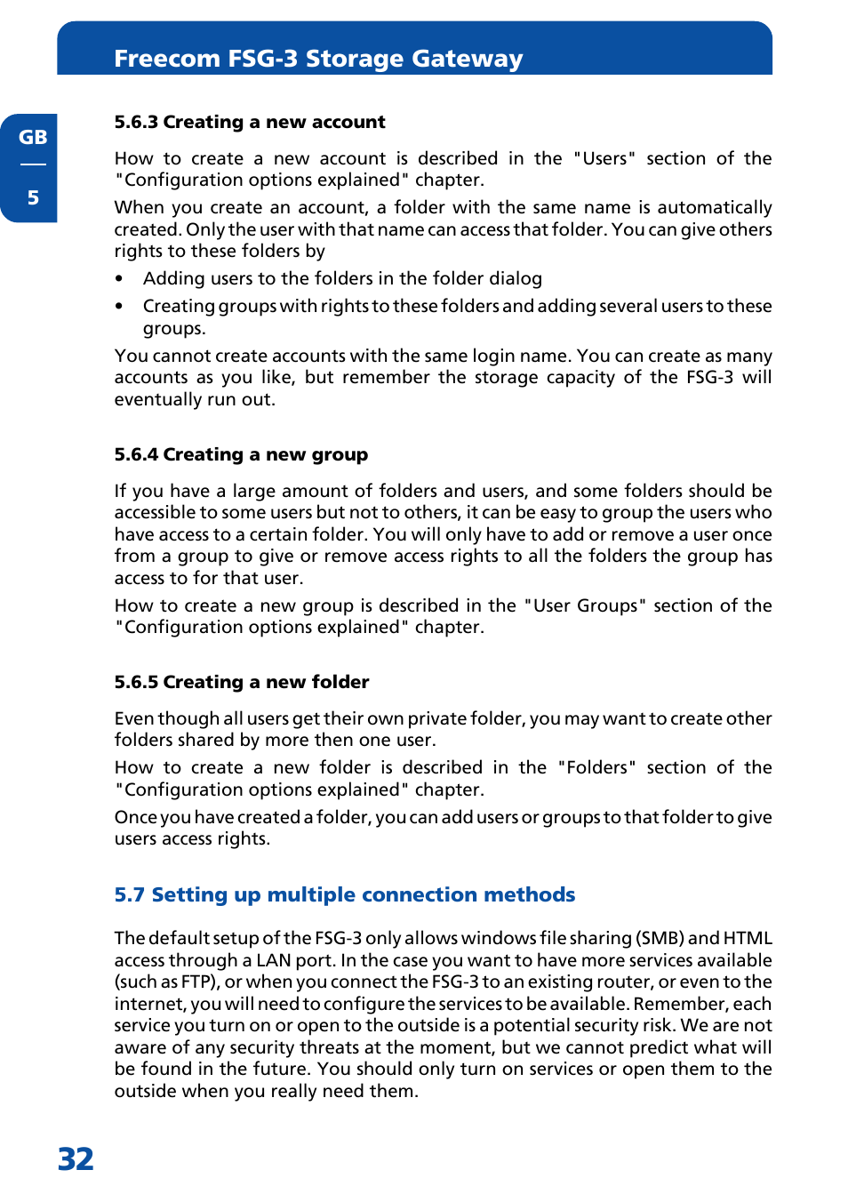 3 creating a new account, 4 creating a new group, 5 creating a new folder | 7 setting up multiple connection methods, Freecom fsg-3 storage gateway | Freecom Technologies FSG-3 User Manual | Page 32 / 84