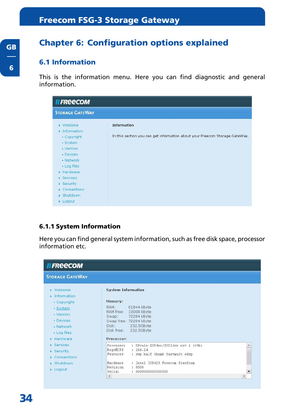 Chapter 6: configuration options explained, 1 information, 1 system information | Freecom Technologies FSG-3 User Manual | Page 34 / 84