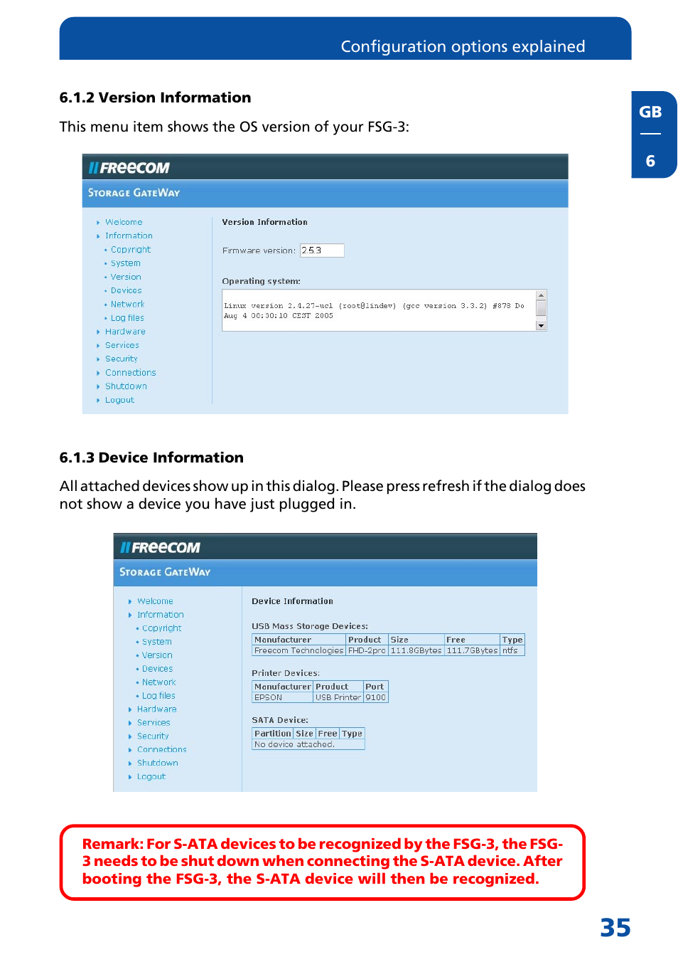 2 version information, 3 device information | Freecom Technologies FSG-3 User Manual | Page 35 / 84