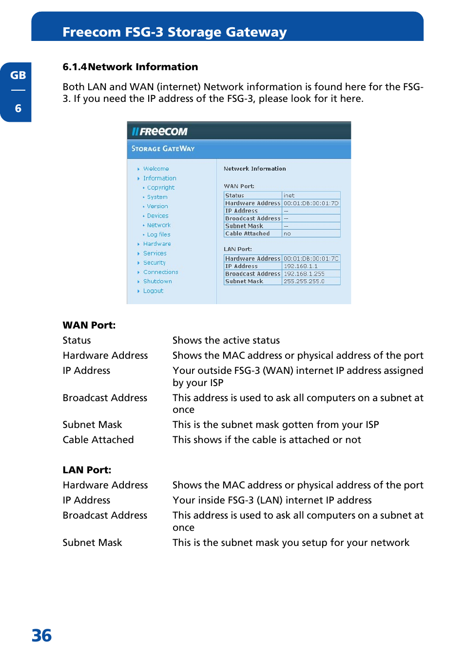 4 network information, Freecom fsg-3 storage gateway | Freecom Technologies FSG-3 User Manual | Page 36 / 84