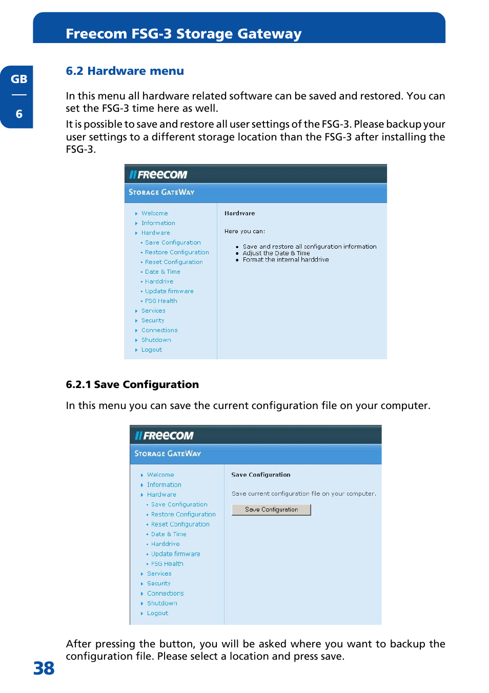 2 hardware menu, 1 save configuration, Freecom fsg-3 storage gateway | Freecom Technologies FSG-3 User Manual | Page 38 / 84