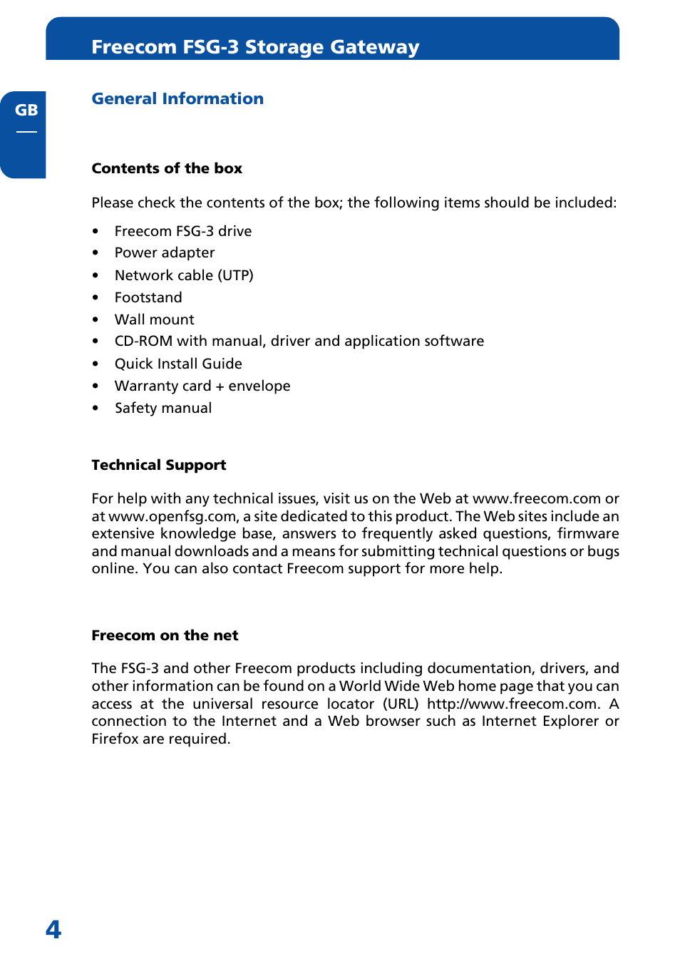 General information, Contents of the box, Technical support | Freecom on the net, Freecom fsg-3 storage gateway | Freecom Technologies FSG-3 User Manual | Page 4 / 84