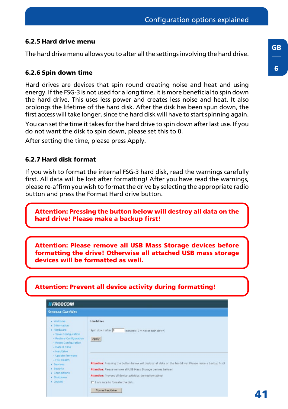 Hard drive menu, 6 spin down time, 7 hard disk format | Freecom Technologies FSG-3 User Manual | Page 41 / 84