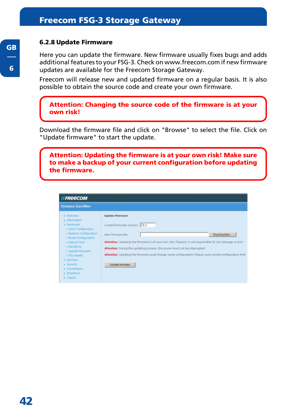 8 update firmware, Freecom fsg-3 storage gateway | Freecom Technologies FSG-3 User Manual | Page 42 / 84