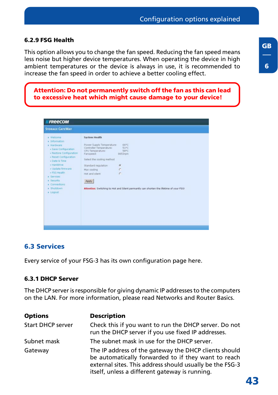 9 fsg health, 3 services, 1 dhcp server | Freecom Technologies FSG-3 User Manual | Page 43 / 84
