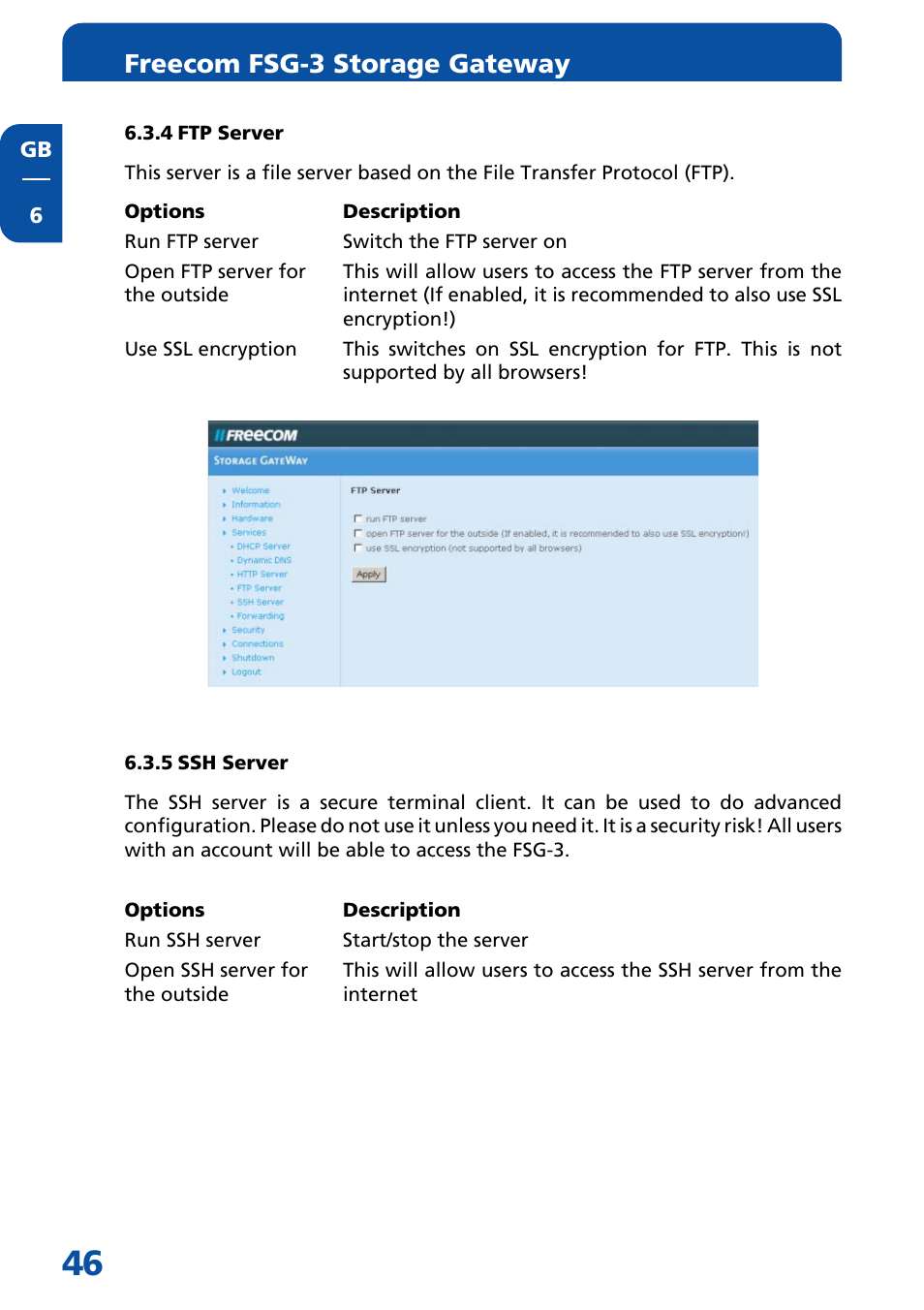 4 ftp server, 5 ssh server, Freecom fsg-3 storage gateway | Freecom Technologies FSG-3 User Manual | Page 46 / 84