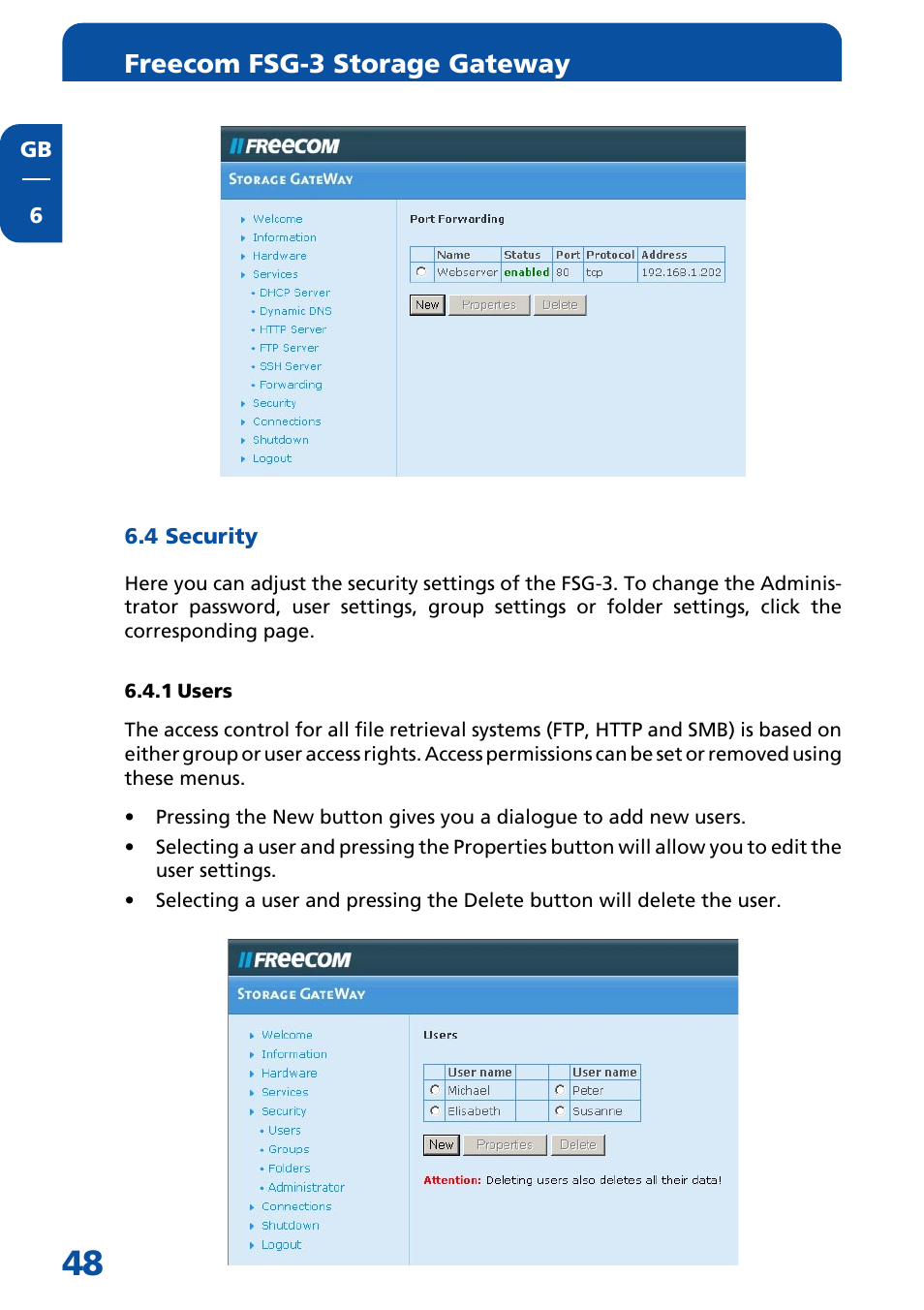 4 security, 1 users, Freecom fsg-3 storage gateway | Freecom Technologies FSG-3 User Manual | Page 48 / 84