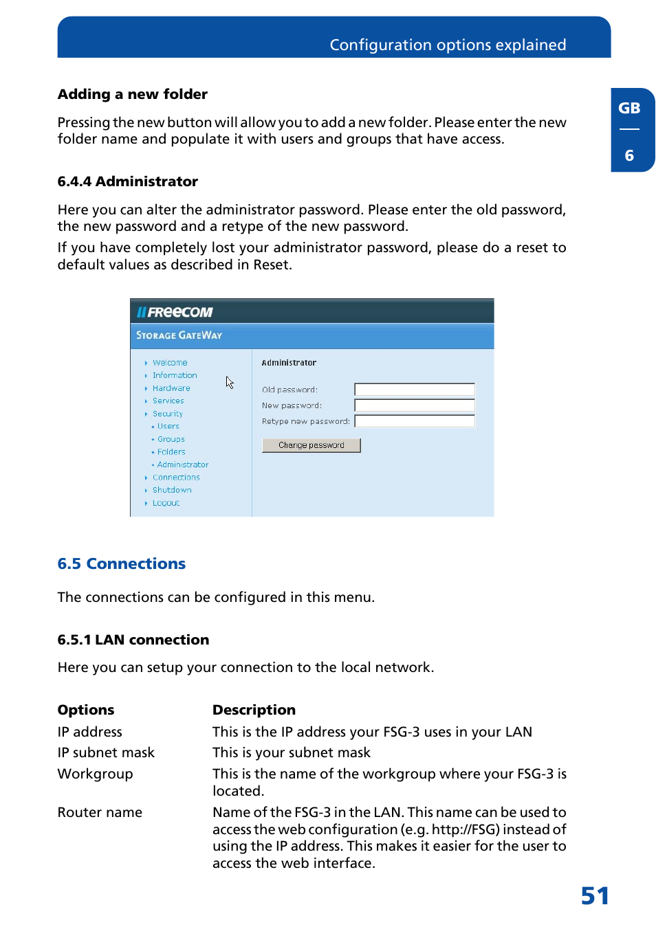 4 administrator, 5 connections, 1 lan connection | Freecom Technologies FSG-3 User Manual | Page 51 / 84