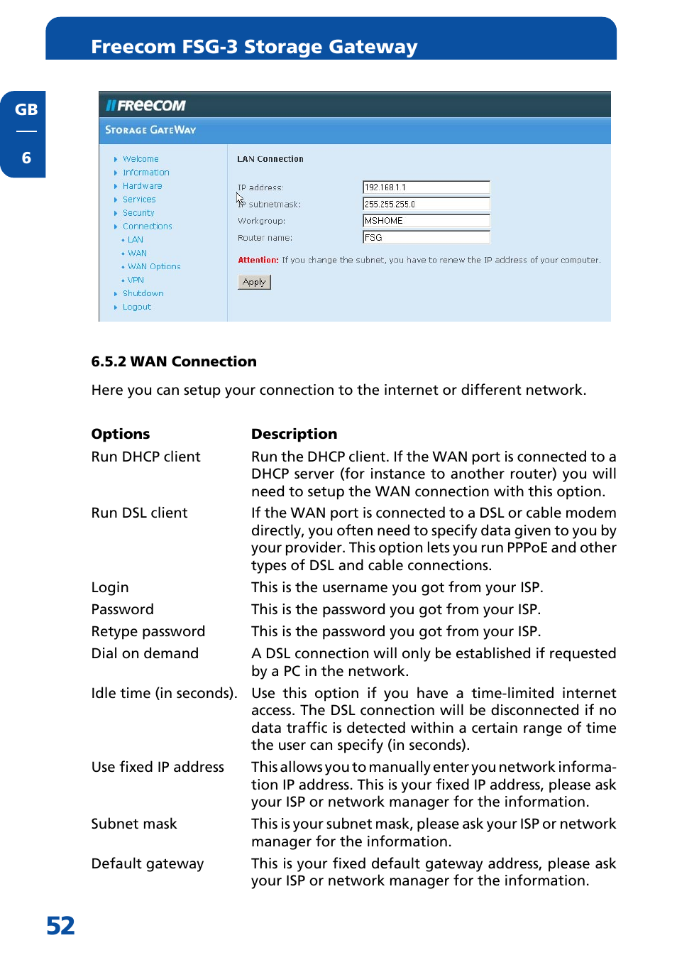 2 wan connection, Freecom fsg-3 storage gateway | Freecom Technologies FSG-3 User Manual | Page 52 / 84