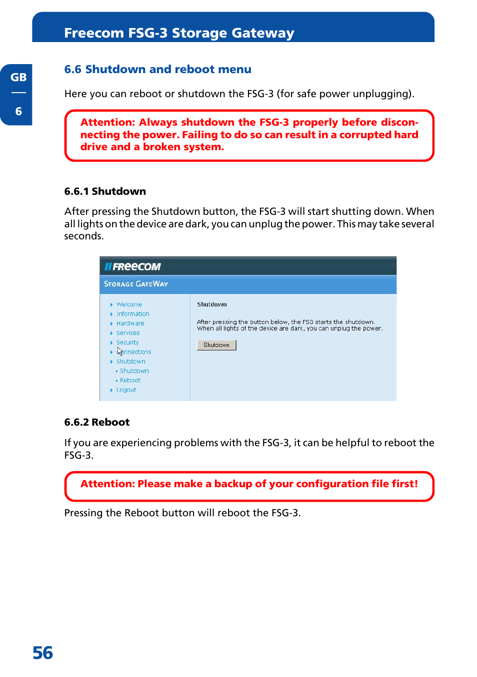 6 shutdown and reboot menu, 1 shutdown, 2 reboot | Freecom fsg-3 storage gateway | Freecom Technologies FSG-3 User Manual | Page 56 / 84