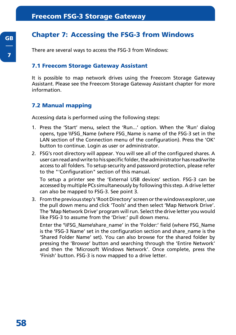 Chapter 7: accessing the fsg-3 from windows, 1 freecom storage gateway assistant, 2 manual mapping | Freecom fsg-3 storage gateway | Freecom Technologies FSG-3 User Manual | Page 58 / 84