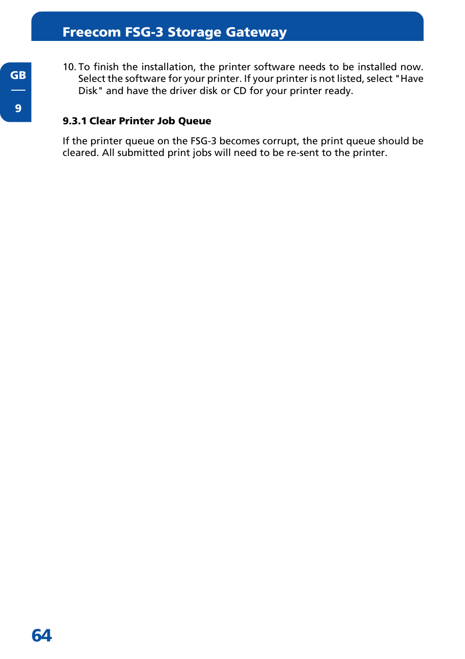 1 clear printer job queue, Freecom fsg-3 storage gateway | Freecom Technologies FSG-3 User Manual | Page 64 / 84