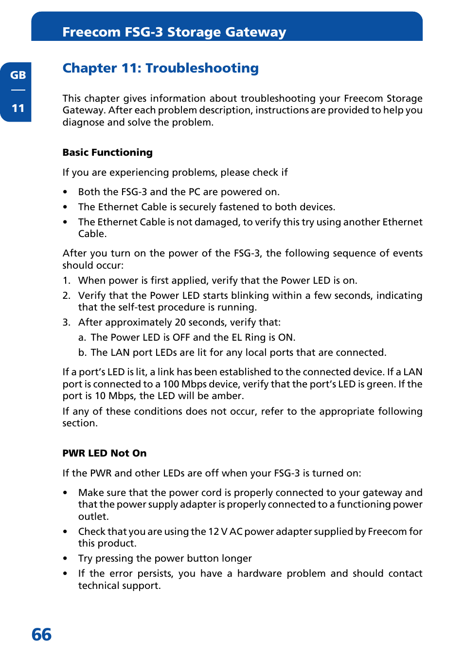 Chapter 11: troubleshooting, Basic functioning, Pwr led not on | Freecom fsg-3 storage gateway | Freecom Technologies FSG-3 User Manual | Page 66 / 84