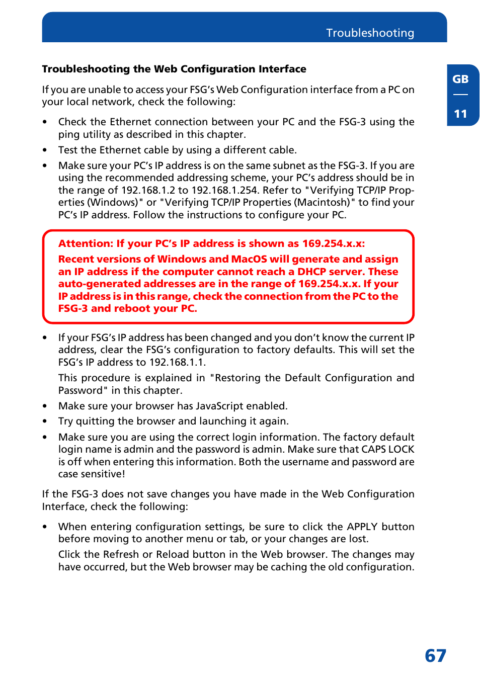 Troubleshooting the web configuration interface | Freecom Technologies FSG-3 User Manual | Page 67 / 84