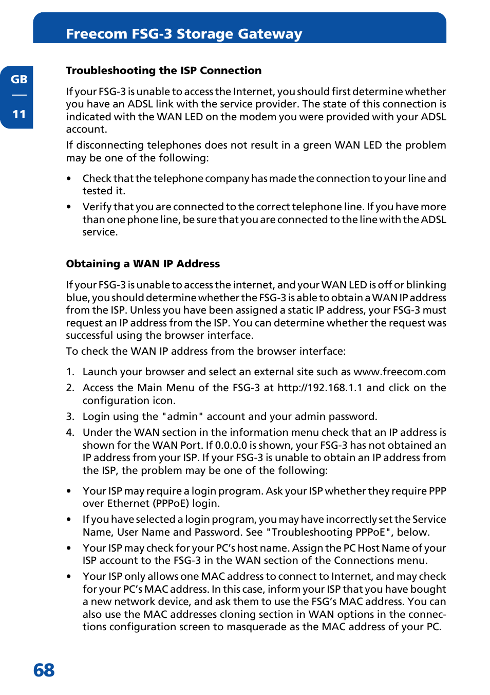 Troubleshooting the isp connection, Obtaining a wan ip address, Freecom fsg-3 storage gateway | Freecom Technologies FSG-3 User Manual | Page 68 / 84