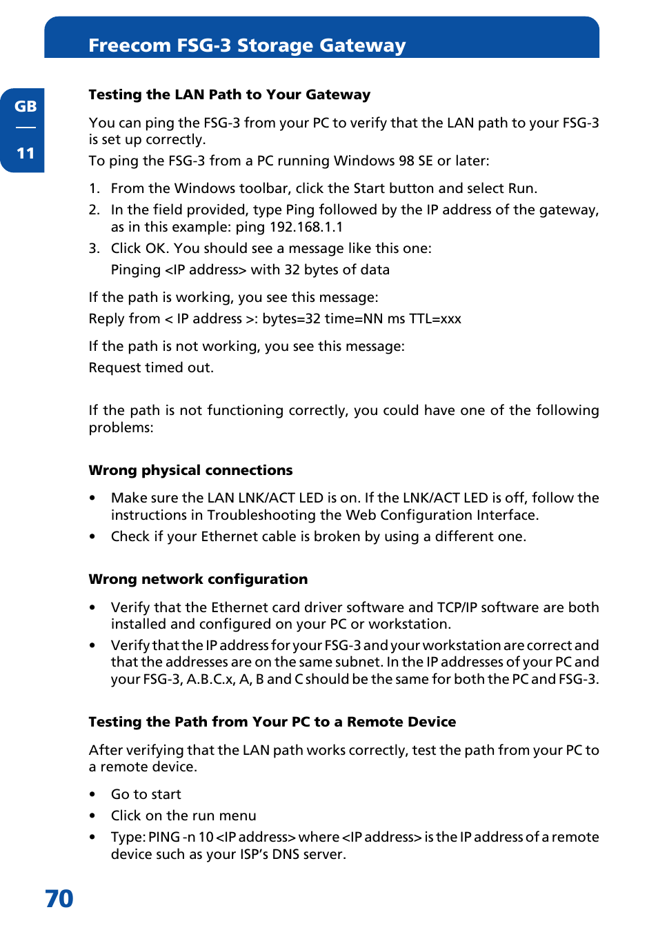Testing the lan path to your gateway, Wrong physical connections, Wrong network configuration | Testing the path from your pc to a remote device, Freecom fsg-3 storage gateway | Freecom Technologies FSG-3 User Manual | Page 70 / 84