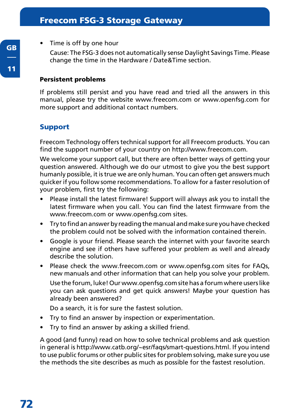 Persistent problems, Support, Freecom fsg-3 storage gateway | Freecom Technologies FSG-3 User Manual | Page 72 / 84