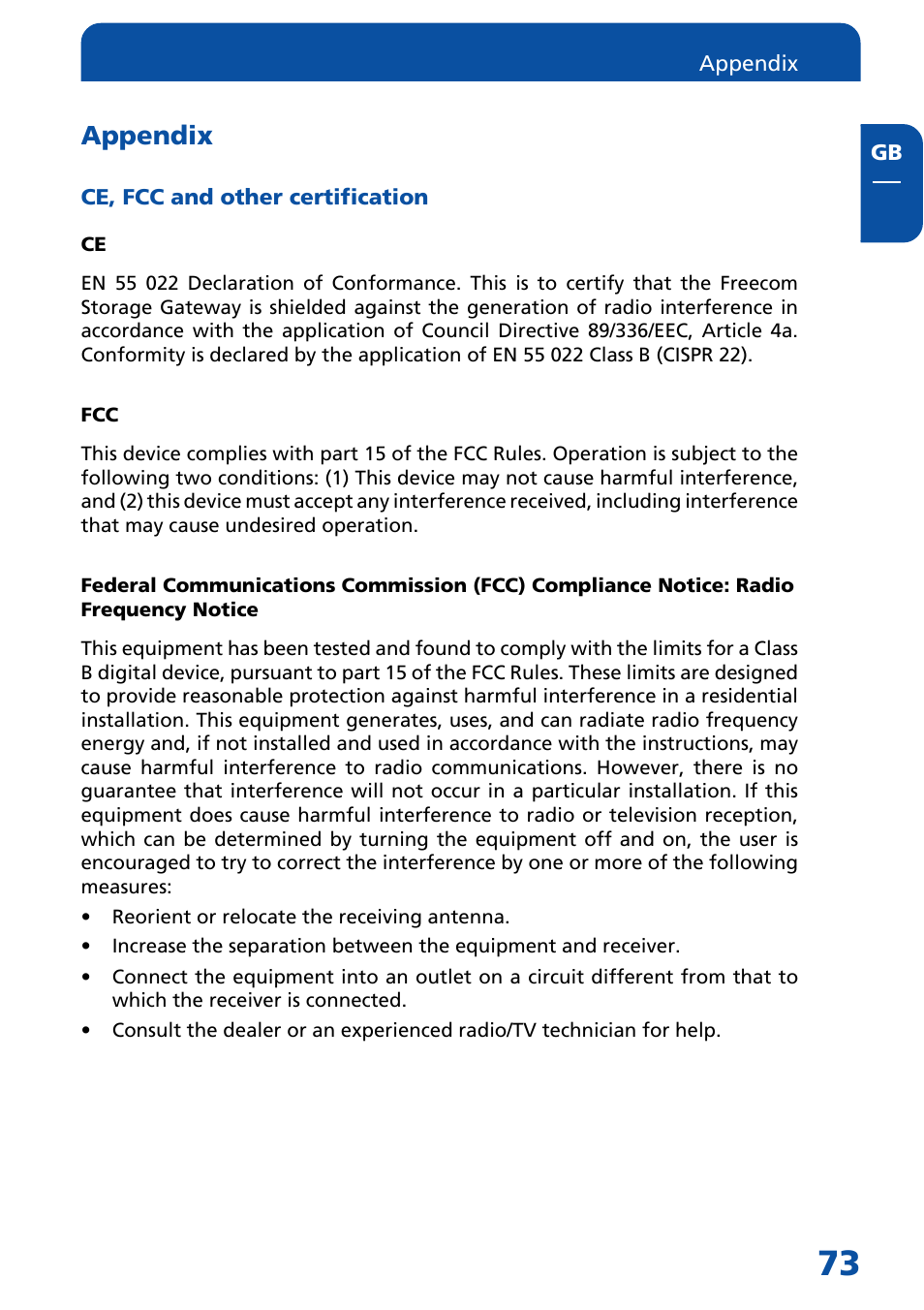Appendix, Ce, fcc and other certification | Freecom Technologies FSG-3 User Manual | Page 73 / 84
