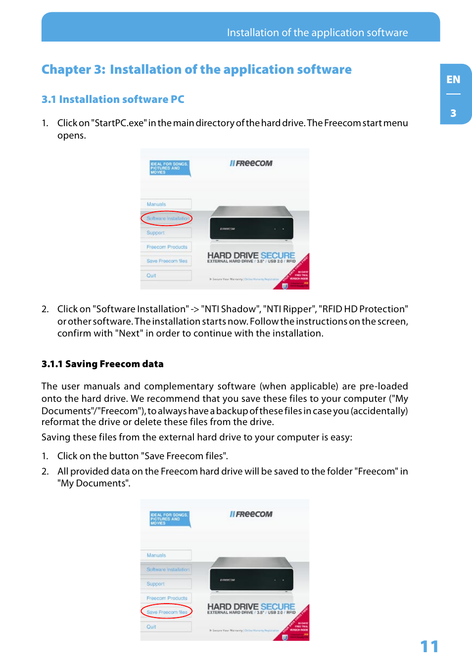 1 installation software pc, 1 saving freecom data | Freecom Technologies Hard Drive Secure User Manual | Page 11 / 35