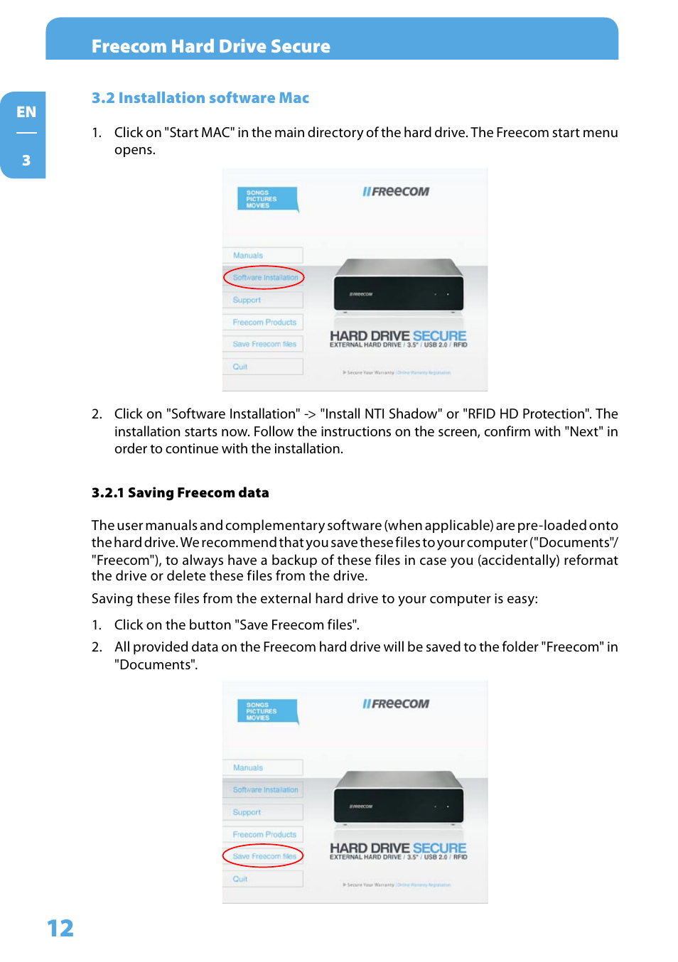 2 installation software mac, 1 saving freecom data, Freecom hard drive secure | Freecom Technologies Hard Drive Secure User Manual | Page 12 / 35