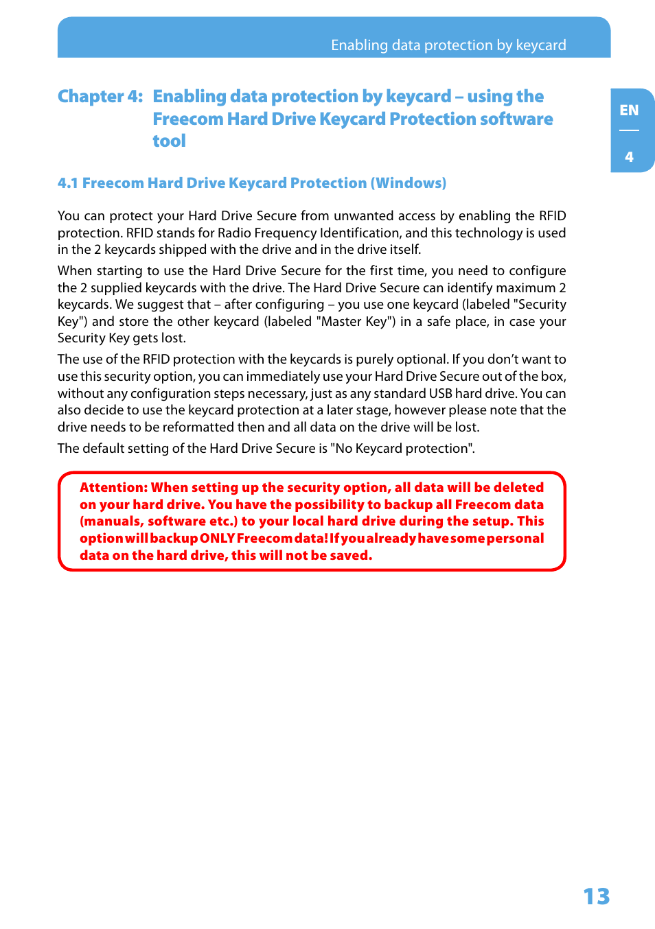 1 freecom hard drive keycard protection (windows) | Freecom Technologies Hard Drive Secure User Manual | Page 13 / 35