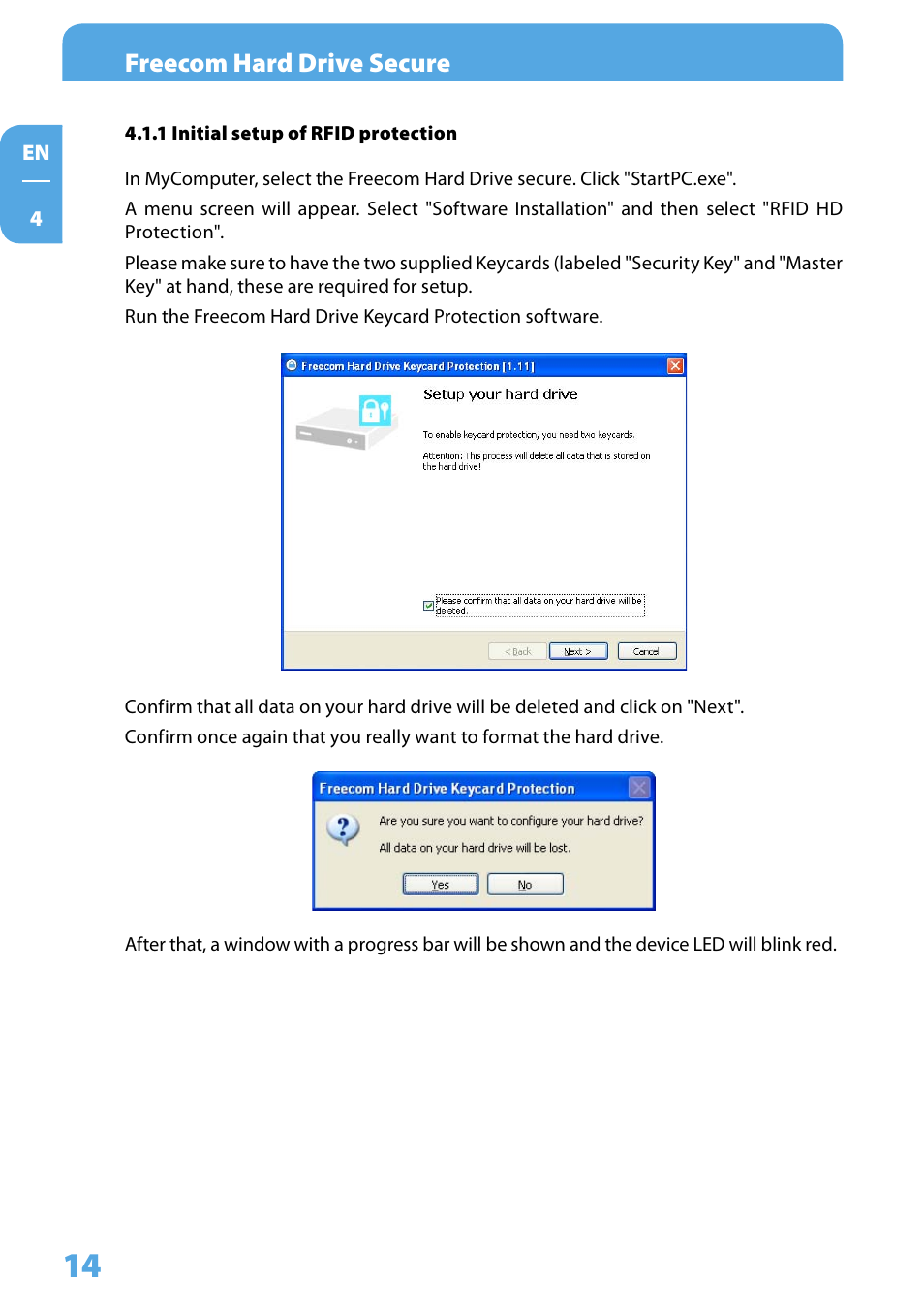 1 initial setup of rfid protection, Freecom hard drive secure | Freecom Technologies Hard Drive Secure User Manual | Page 14 / 35