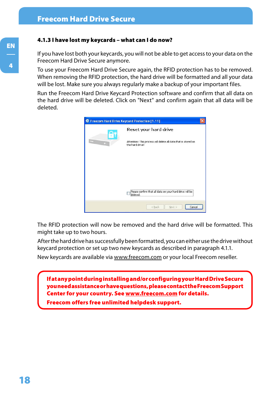 3 i have lost my keycards – what can i do now, Freecom hard drive secure | Freecom Technologies Hard Drive Secure User Manual | Page 18 / 35