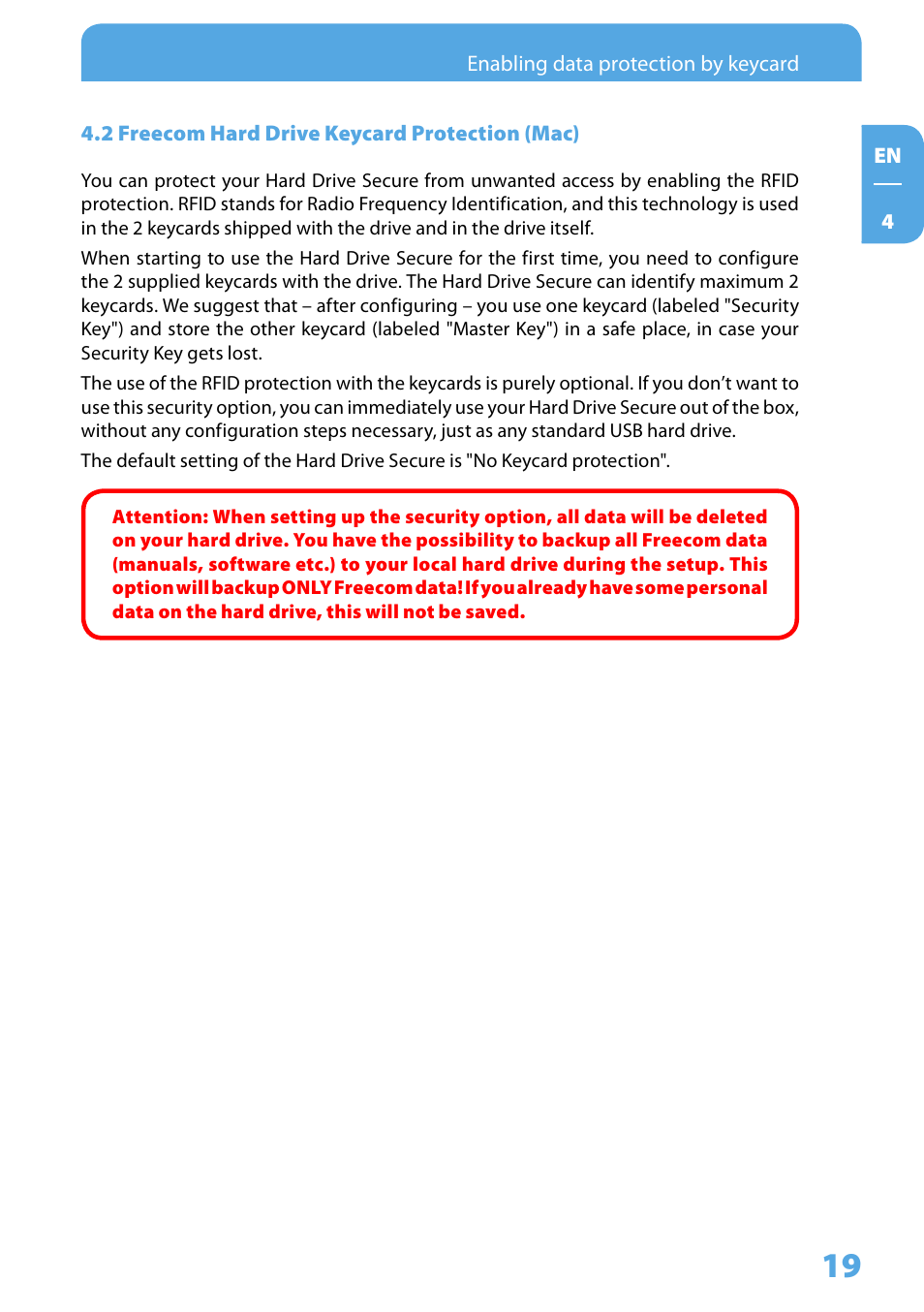 2 freecom hard drive keycard protection (mac) | Freecom Technologies Hard Drive Secure User Manual | Page 19 / 35