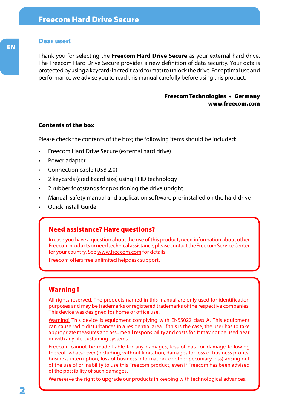 Dear user, Contents of the box, Need assistance? have questions | Warning, Freecom hard drive secure | Freecom Technologies Hard Drive Secure User Manual | Page 2 / 35