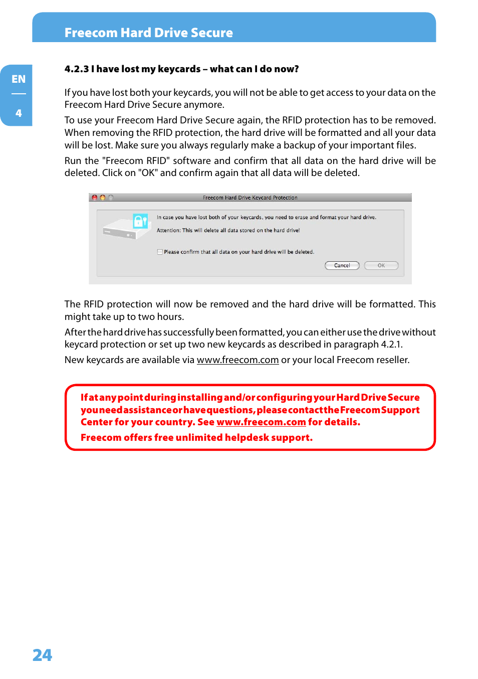 3 i have lost my keycards – what can i do now, Freecom hard drive secure | Freecom Technologies Hard Drive Secure User Manual | Page 24 / 35