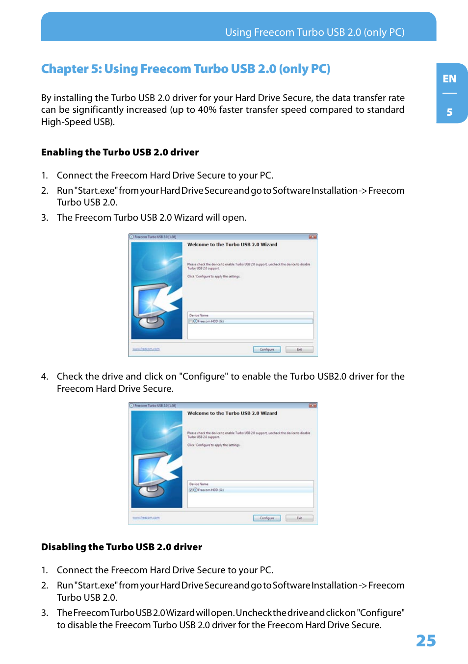 Chapter 5: using freecom turbo usb 2.0 (only pc), Chapter 5: using freecom turbo usb .0 (only pc) | Freecom Technologies Hard Drive Secure User Manual | Page 25 / 35