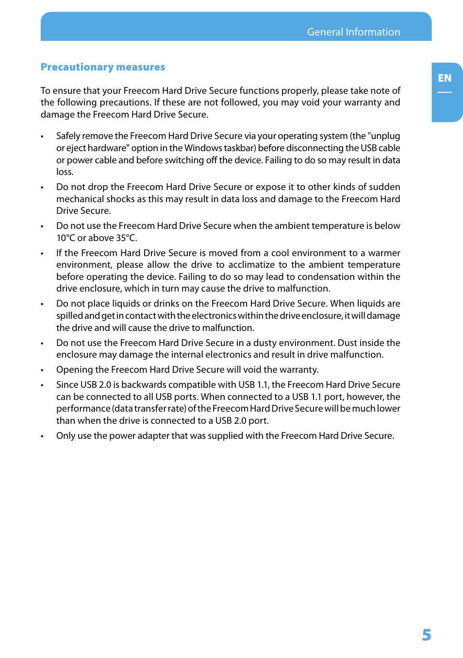 Precautionary measures | Freecom Technologies Hard Drive Secure User Manual | Page 5 / 35