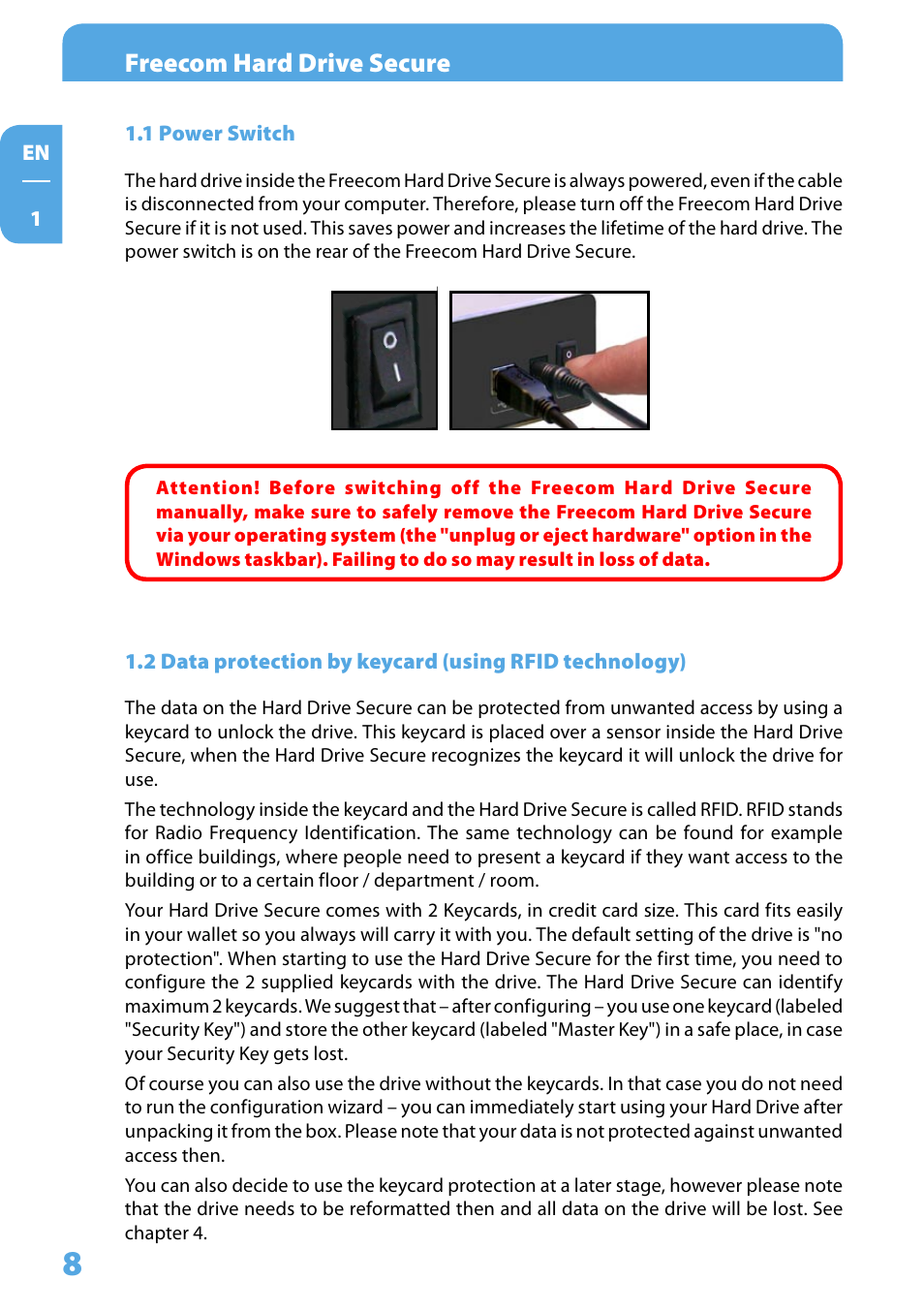 1 power switch, Freecom hard drive secure | Freecom Technologies Hard Drive Secure User Manual | Page 8 / 35