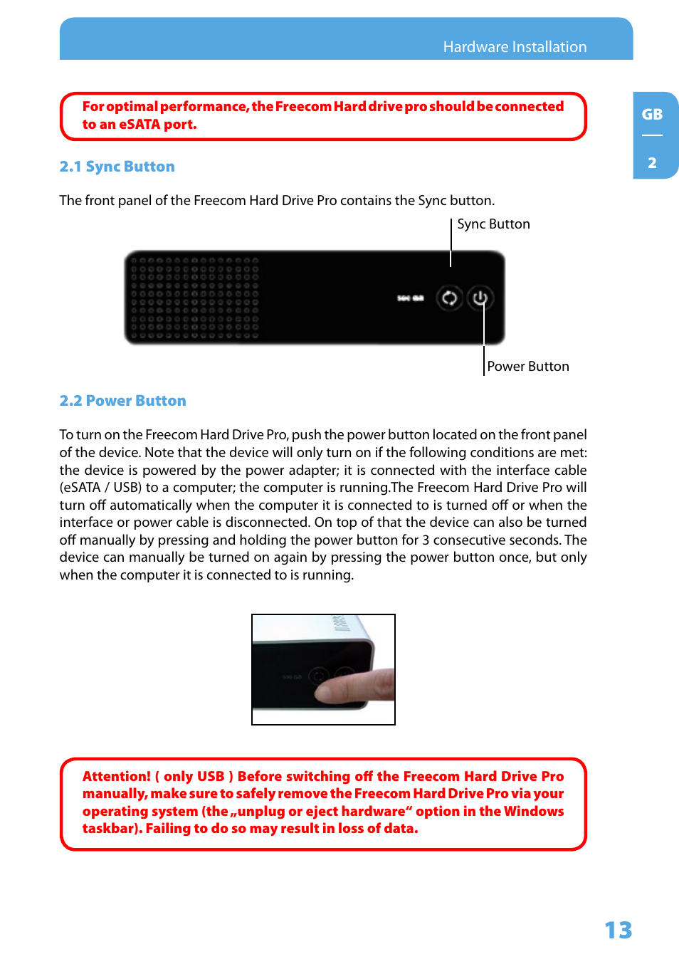 1 sync button, 2 power button | Freecom Technologies 3.5 " / USB 2.0 / ESATA User Manual | Page 13 / 51