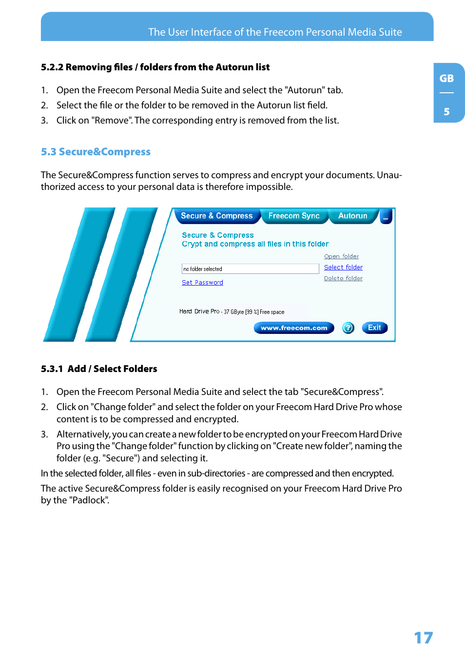 2 removing files / folders from the autorun list, 3 secure&compress, 1 add / select folders | Freecom Technologies 3.5 " / USB 2.0 / ESATA User Manual | Page 17 / 51