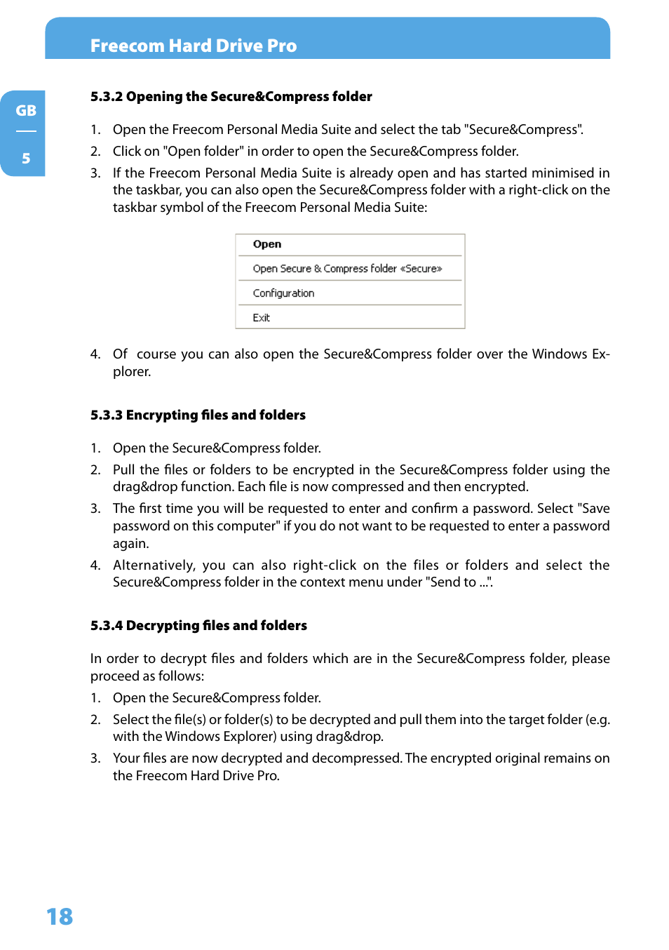 2 opening the secure&compress folder, 3 encrypting files and folders, 4 decrypting files and folders | Freecom hard drive pro | Freecom Technologies 3.5 " / USB 2.0 / ESATA User Manual | Page 18 / 51