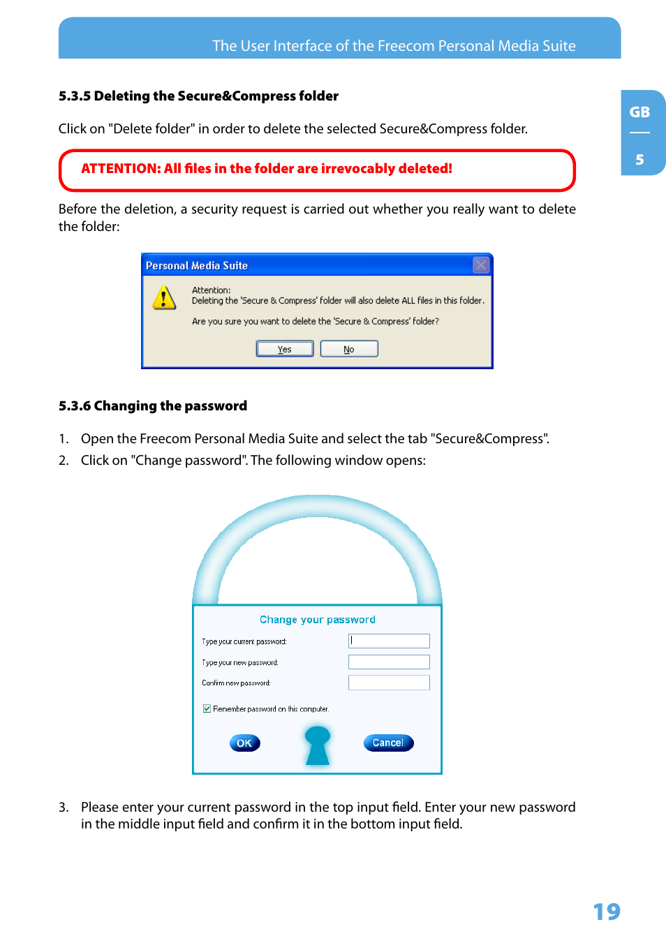 5 deleting the secure&compress folder, 6 changing the password | Freecom Technologies 3.5 " / USB 2.0 / ESATA User Manual | Page 19 / 51