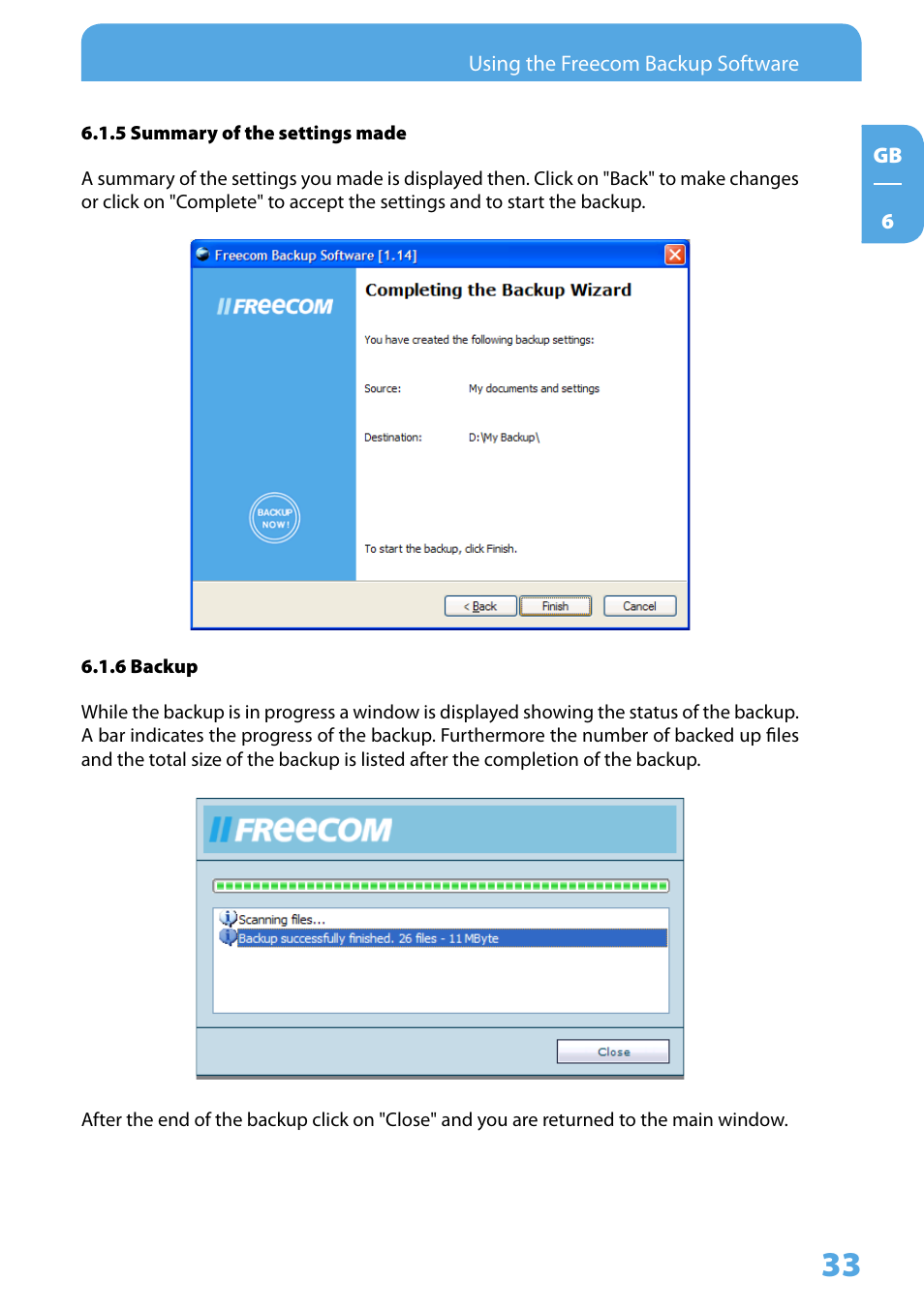 5 summary of the settings made, 6 backup | Freecom Technologies 3.5 " / USB 2.0 / ESATA User Manual | Page 33 / 51