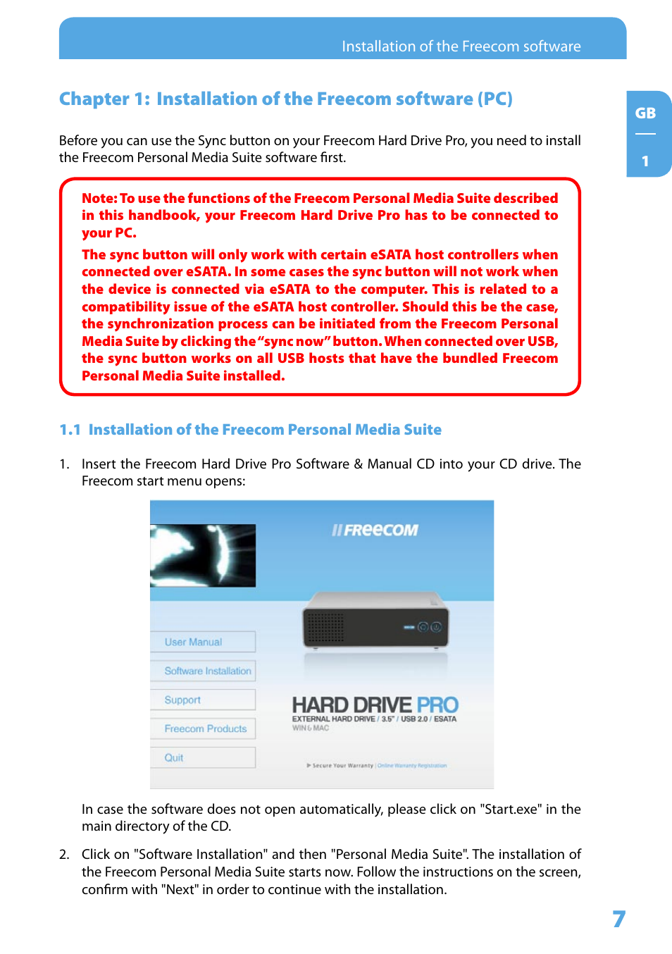 1 installation of the freecom personal media suite | Freecom Technologies 3.5 " / USB 2.0 / ESATA User Manual | Page 7 / 51