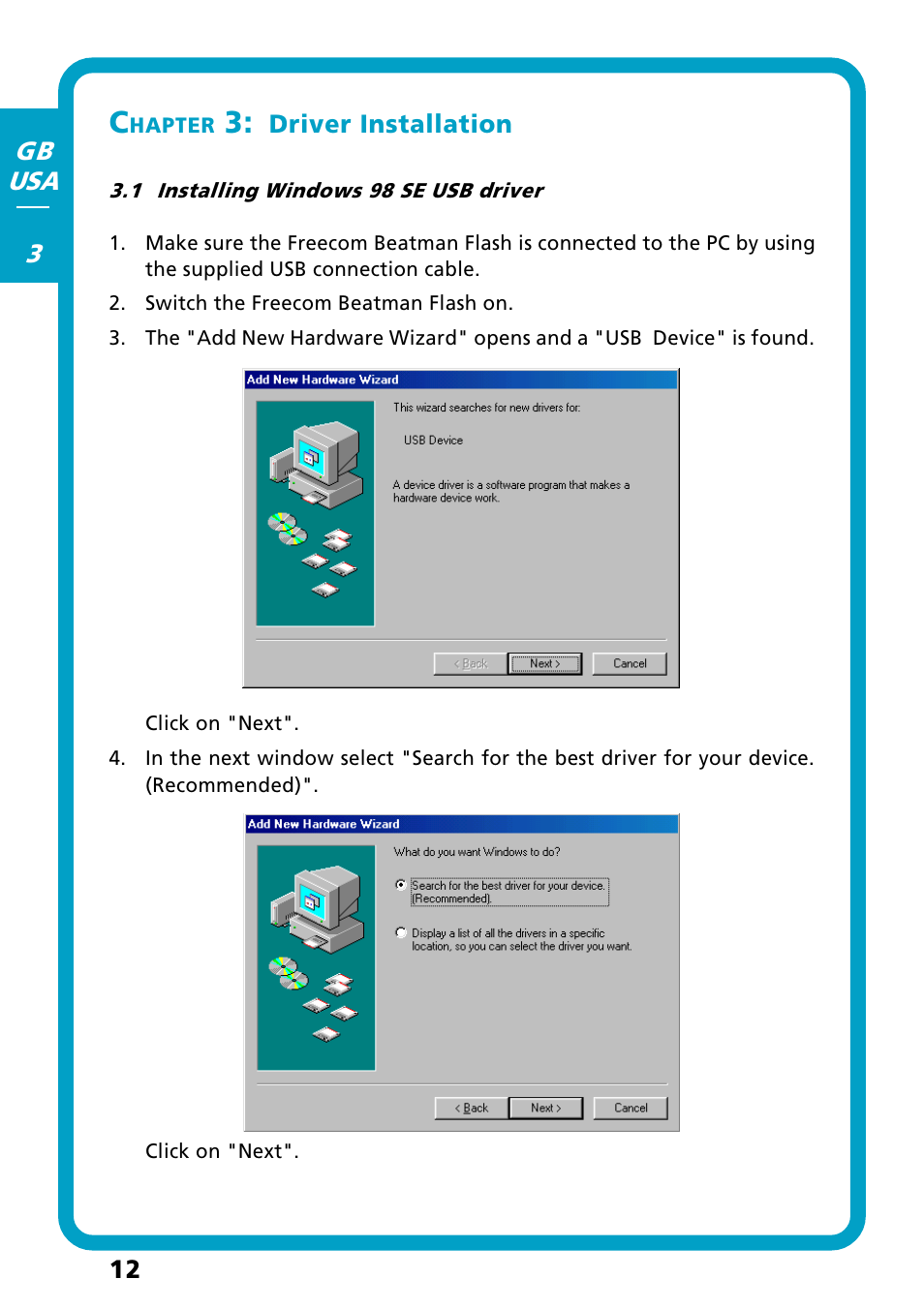 Chapter 3: driver installation, 1 installing windows 98 se usb driver | Freecom Technologies Flash MP3 User Manual | Page 12 / 32
