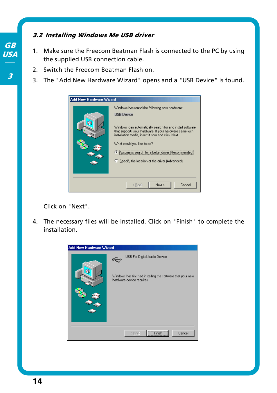 2 installing windows me usb driver | Freecom Technologies Flash MP3 User Manual | Page 14 / 32