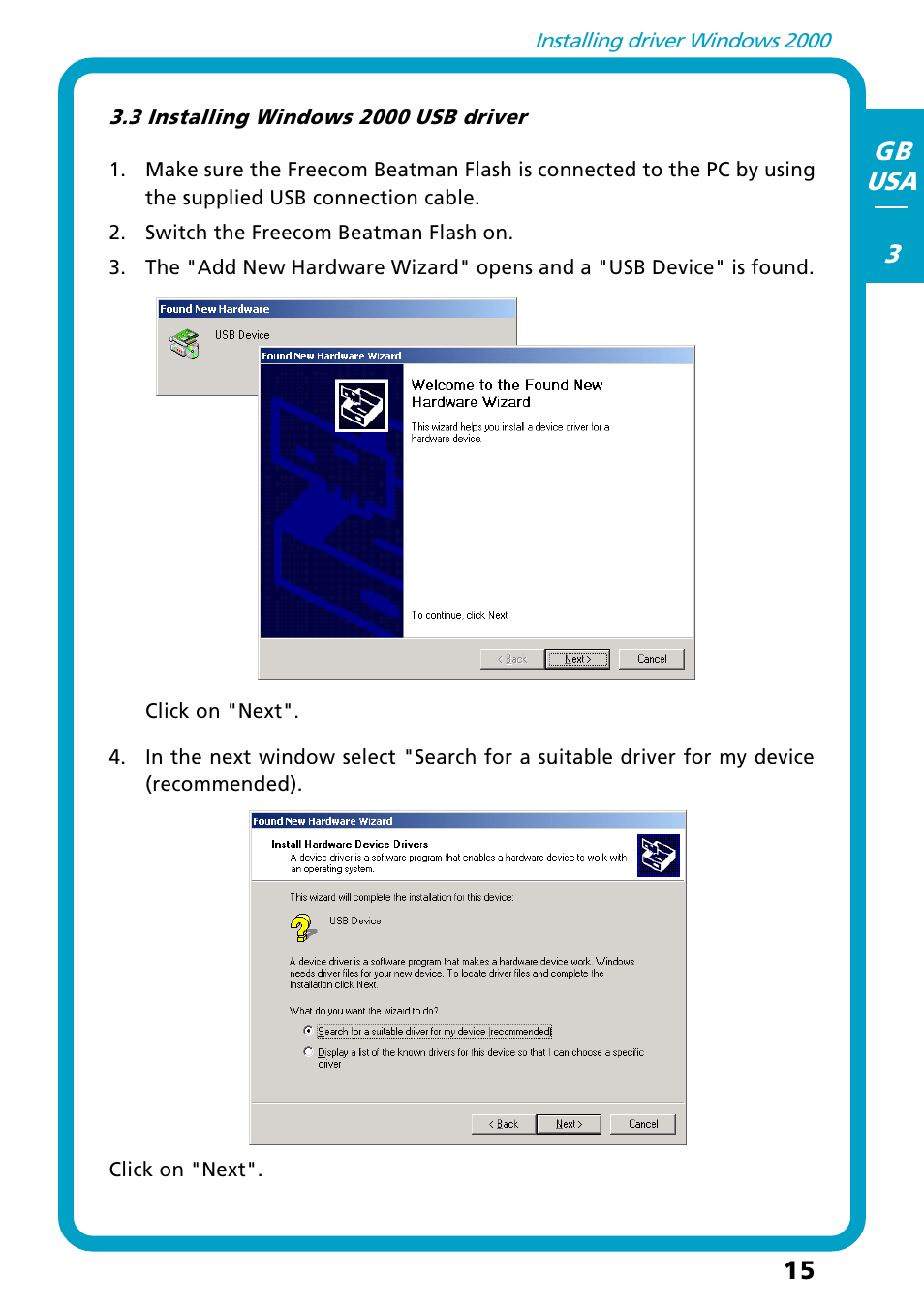3 installing windows 2000 usb driver, 15 gb usa 3 | Freecom Technologies Flash MP3 User Manual | Page 15 / 32