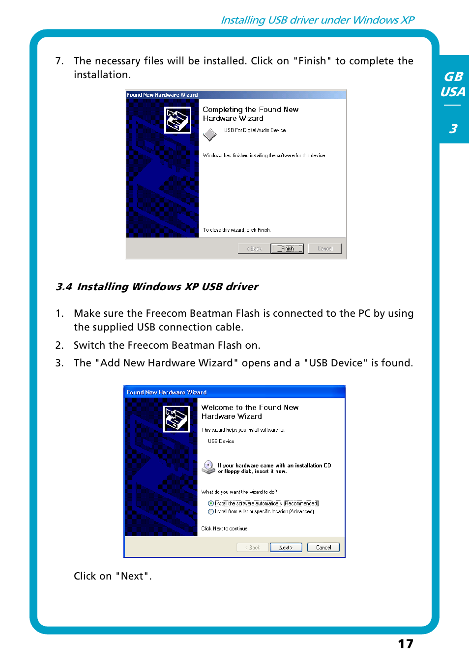 4 installing windows xp usb driver | Freecom Technologies Flash MP3 User Manual | Page 17 / 32