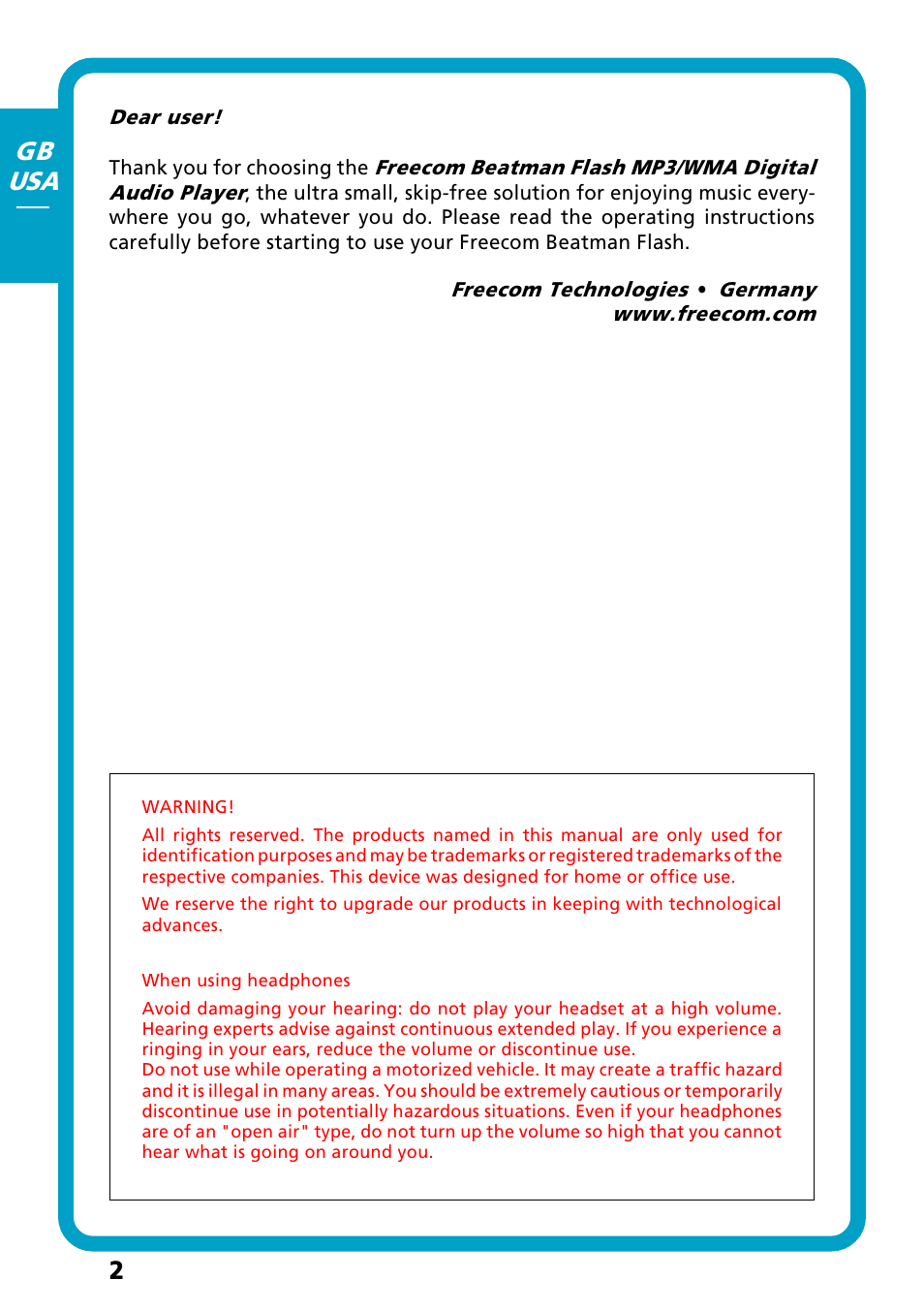 Dear user, 2gb usa | Freecom Technologies Flash MP3 User Manual | Page 2 / 32